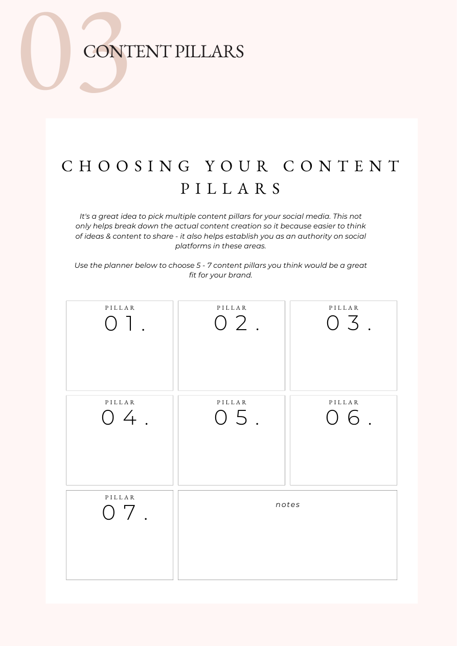 Content pillars worksheet page from the Shy Girl Edit 30-Day Content Plan workbook, with boxes to choose seven content pillars