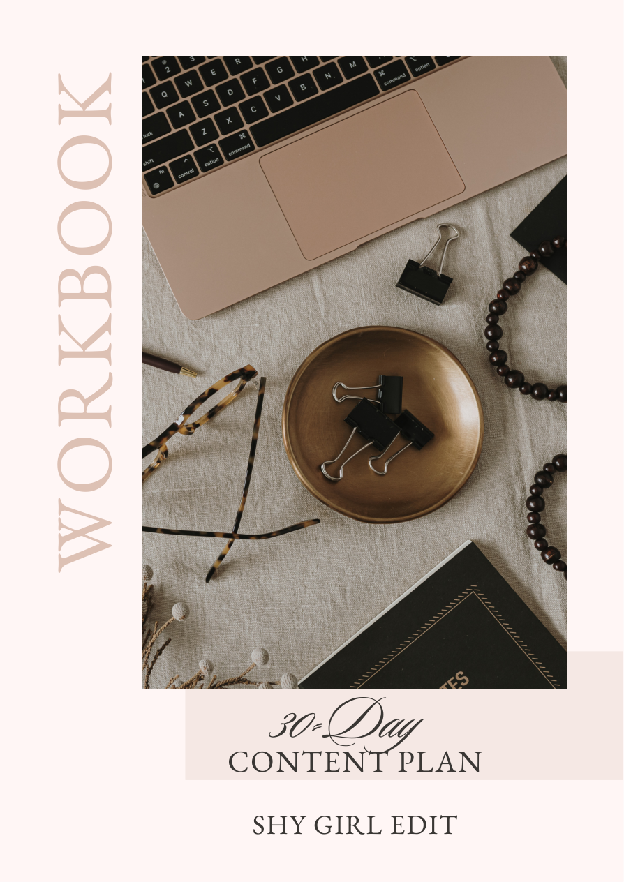 Cover of the Shy Girl Edit 30-Day Content Plan workbook, with blush and ivory styling