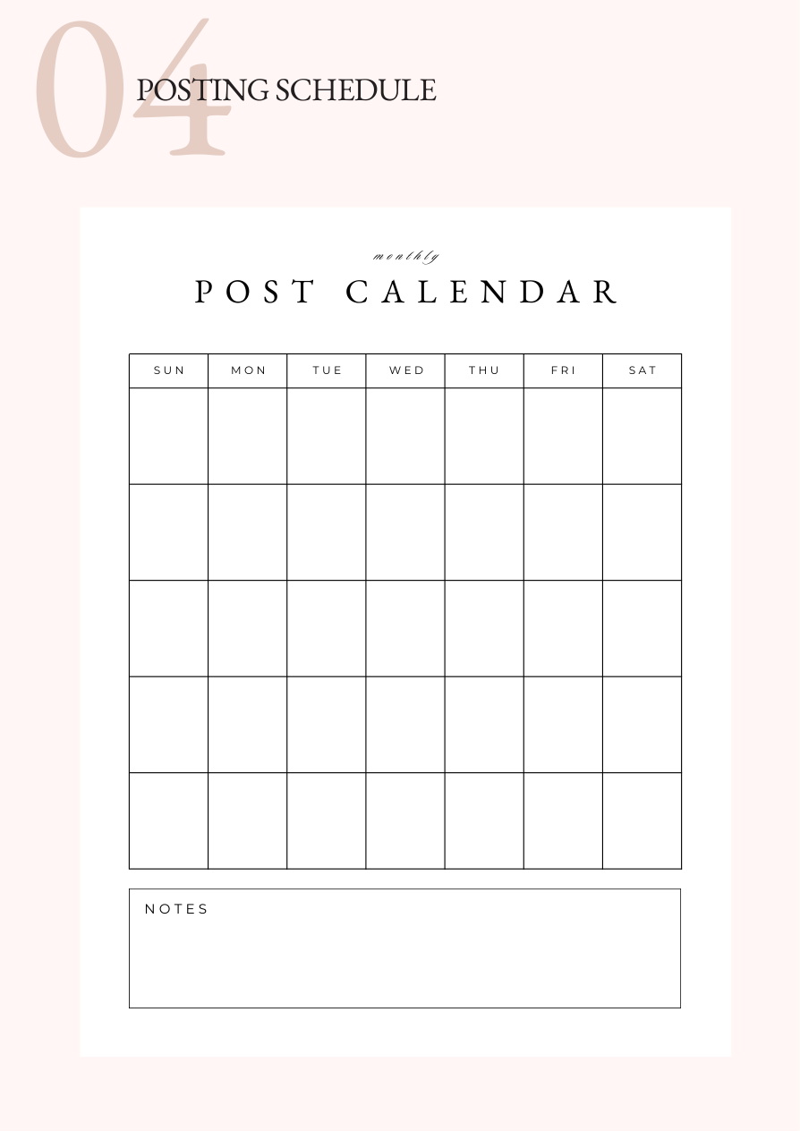 Monthly post calendar page from the Shy Girl Edit 30-Day Content Plan workbook, with a week-by-week posting grid and notes area